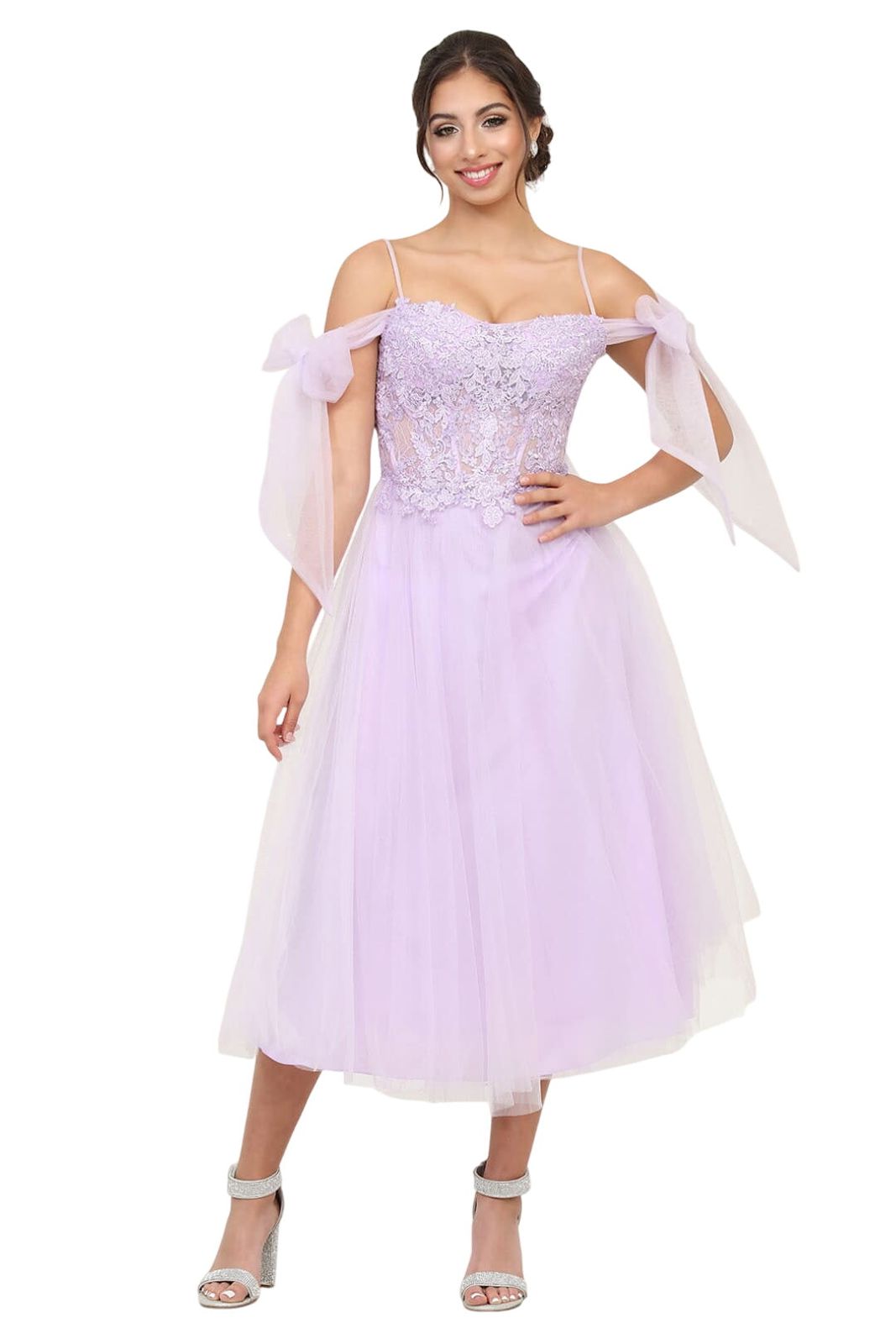 Lilac Off-the-Shoulder Tea Length Dress with Bow-Detailed Sleeves Lilac Off-the-Shoulder Tea Length Dress with Bow-Detailed Sleeves — Tea Length Dresses