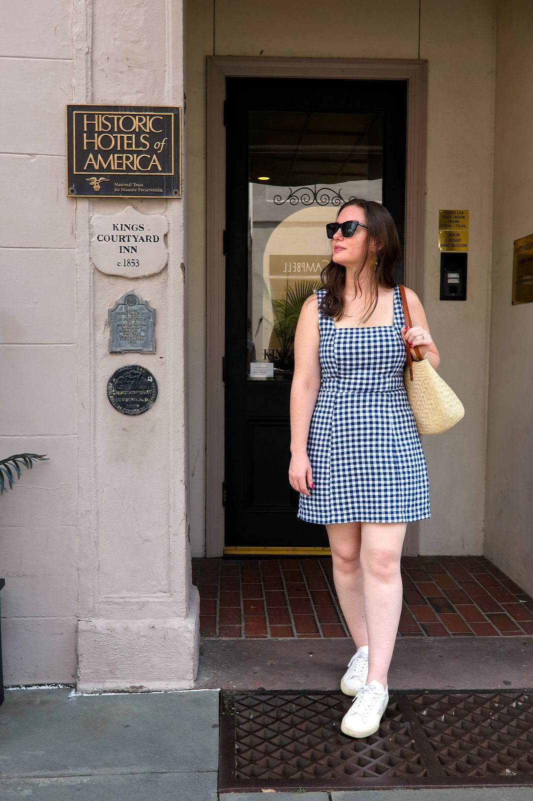 Gingham Square-Neck Dress with Sneakers — Charleston Outfits