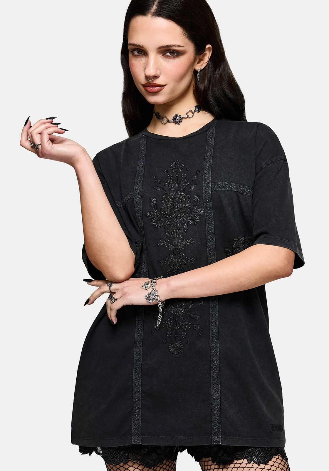 Embroidered T-Shirt with Oversized Silhouette — Dark Feminine Outfits