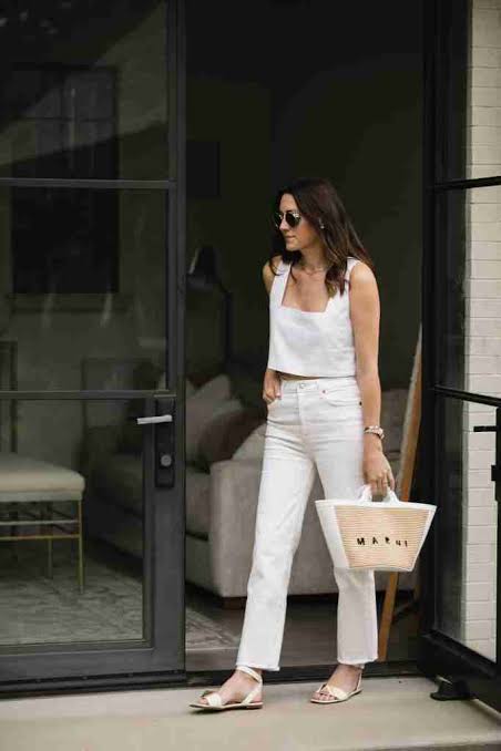 Monochromatic Polish: White Square-Neck Crop Top with Straight-Leg Trousers — Crop Top Outfits
