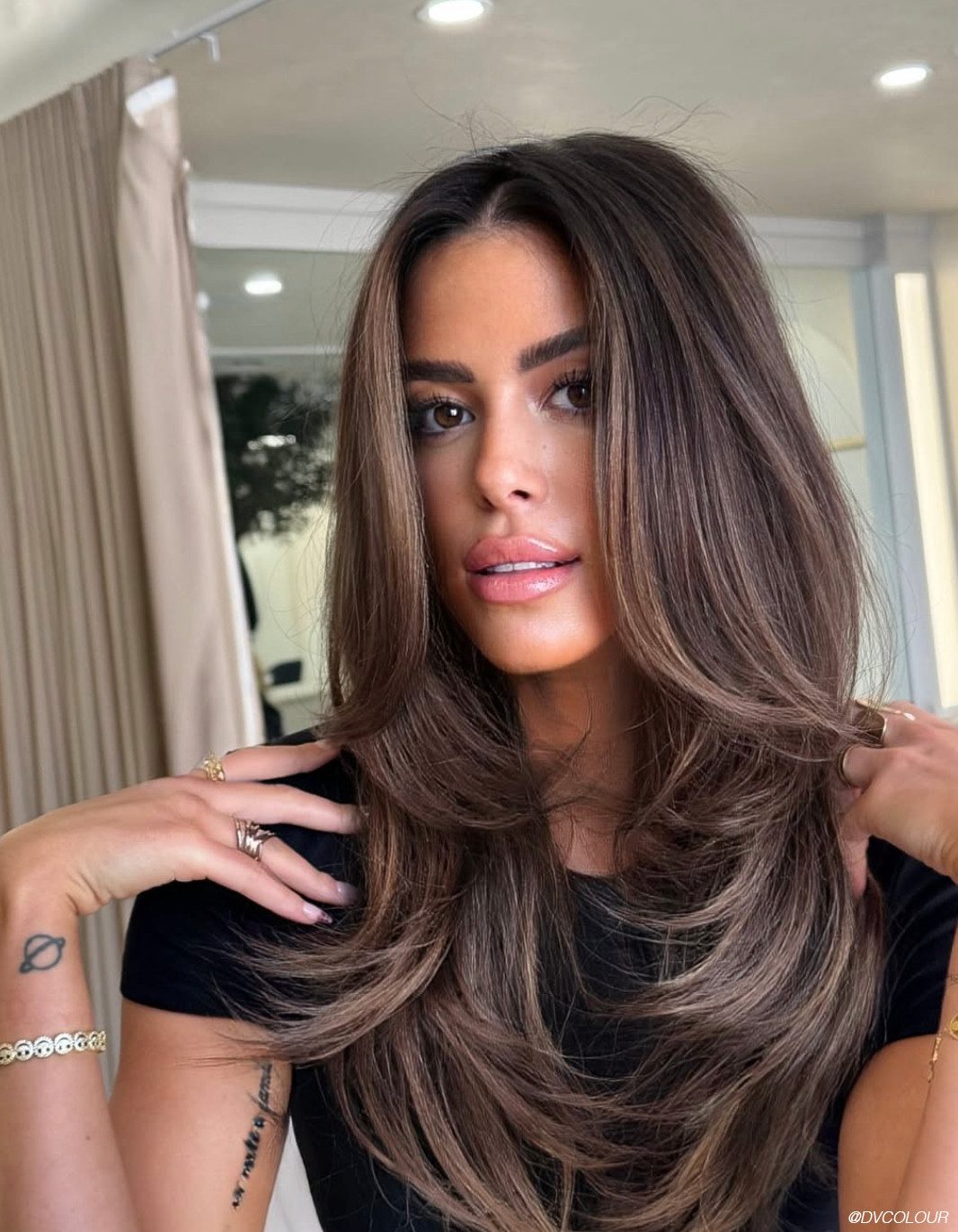 Caramel Balayage with Collarbone Layers — Brunette Balayage