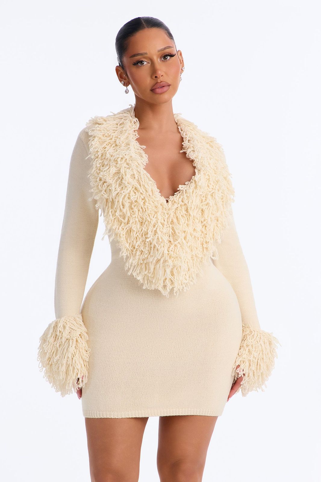 Cream Knit Mini Dress with Shaggy Trim Statement — Fashion Nova Outfits