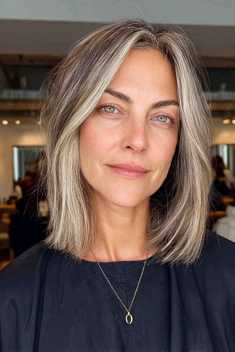 No Bangs Chin Length Bob With Ash Blonde Highlights — Highlights Over 50