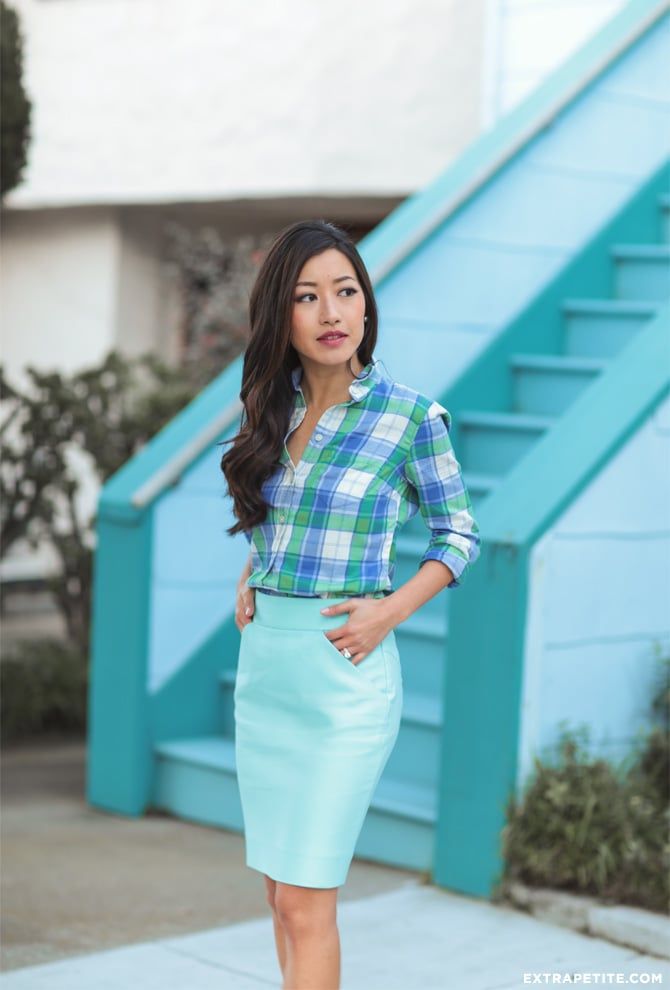 Mint Pencil Skirt with Plaid Shirt for Smart Casual Mint Pencil Skirt with Plaid Shirt for Smart Casual — J Crew Outfits