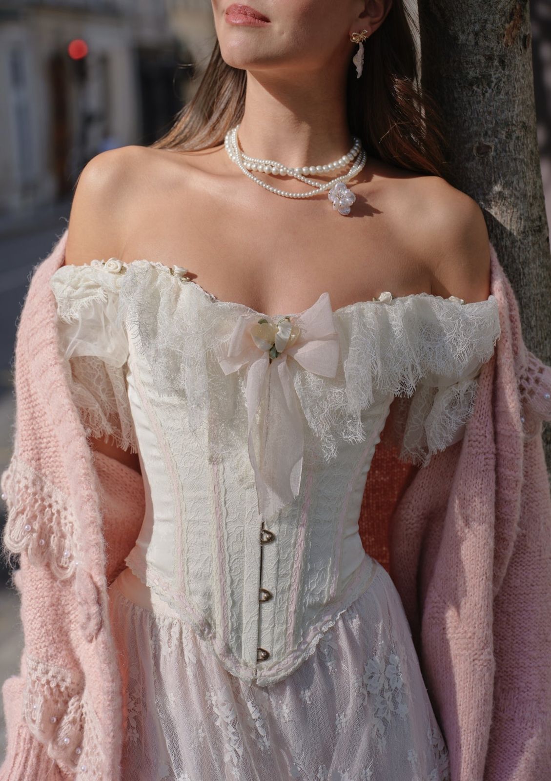 Vintage Romance: Ivory Lace Corset Dress with Pearl Cardigan Vintage Romance: Ivory Lace Corset Dress with Pearl Cardigan — Corset Dress Outfits