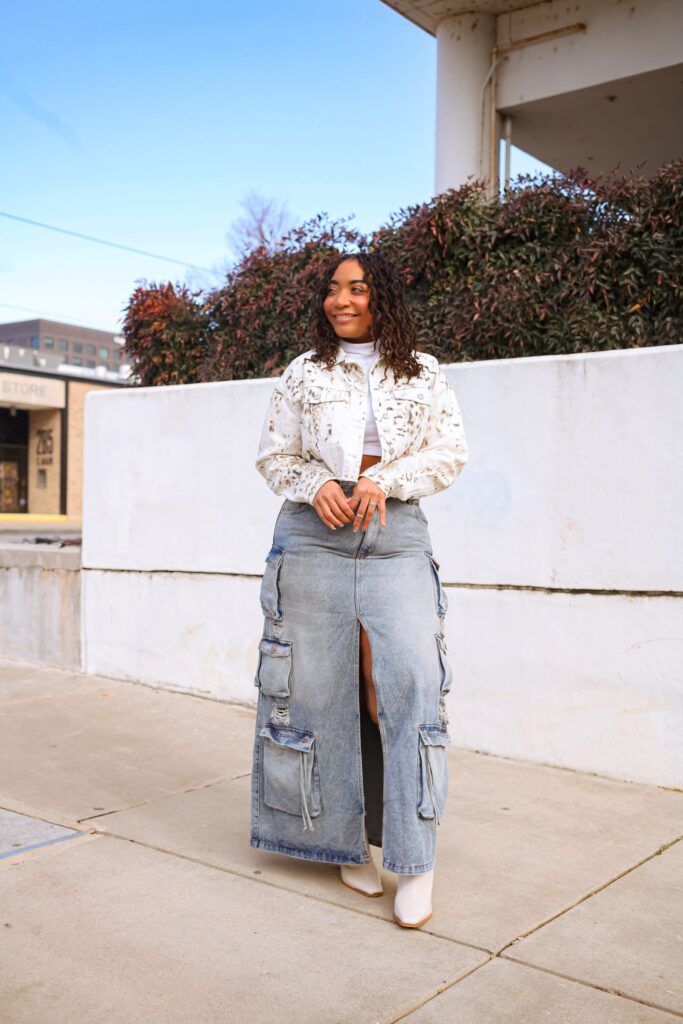 Light Blue Denim Maxi Cargo Skirt with Denim Jacket — Cargo Skirts