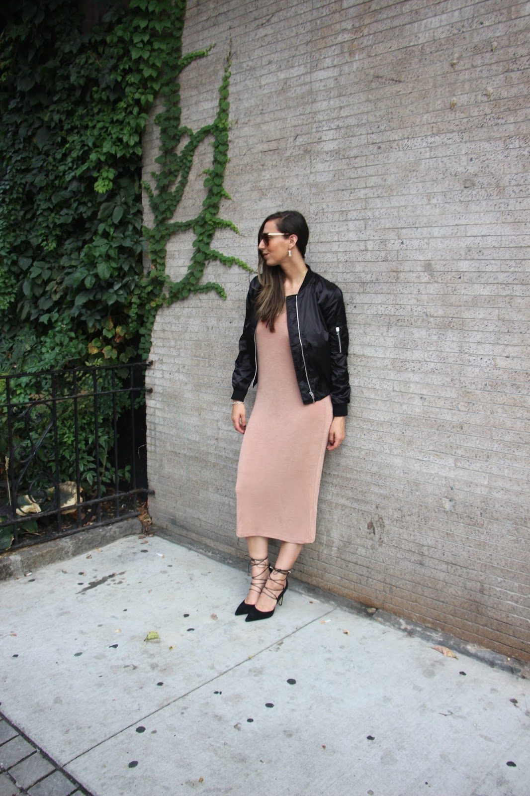 Black Bomber Jacket over Bodycon Midi Dress — Bomber Jacket Outfits