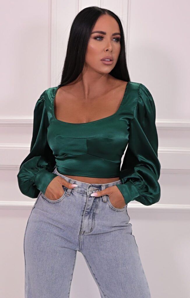 Emerald Green Satin Crop Top with Straight Leg Jeans — Satin Top Outfits