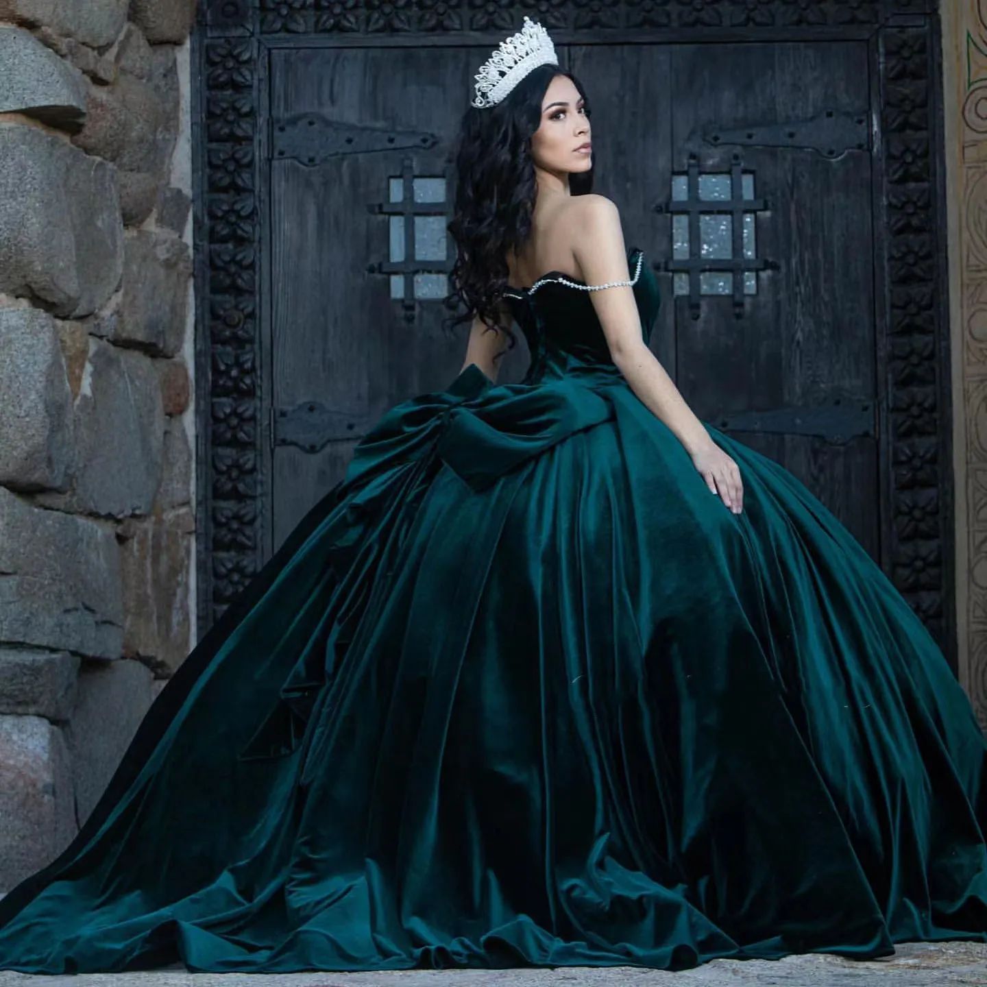Emerald Green Velvet Ball Gown with Oversized Bow — Sweet 16 Dresses