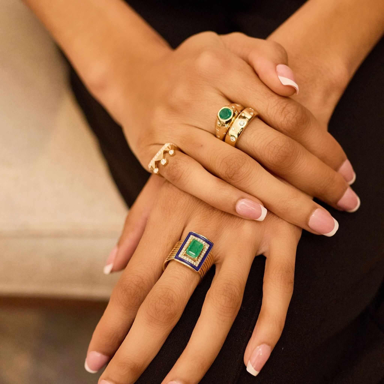 Statement Gold Ring Stack with Green Gemstone — Gold Jewelry Stack