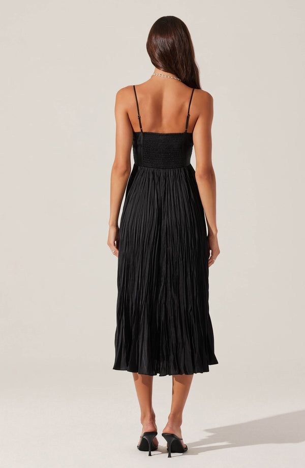 Black Midi Dress with Satin Bodice and Crinkled Skirt Black Midi Dress with Satin Bodice and Crinkled Skirt — Bridal Shower Dresses