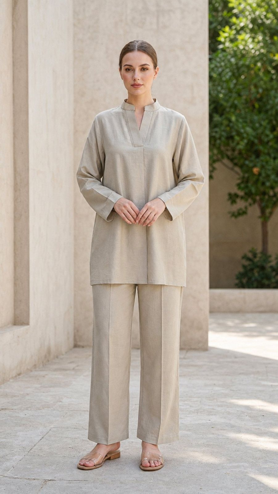 Modest Elegance: The Beige Linen Tunic Set Modest Elegance: The Beige Linen Tunic Set — Dubai Outfits
