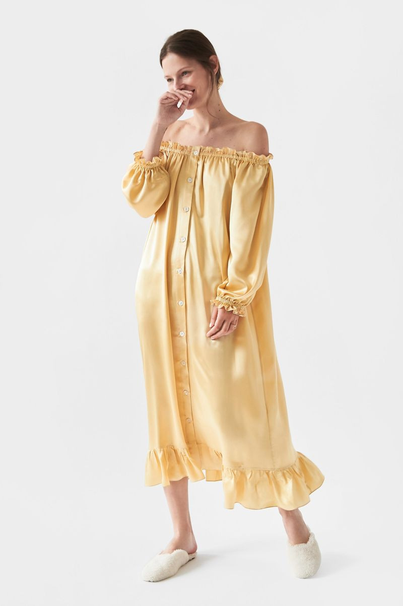 Pale Yellow Satin Dress for Loungewear Comfort — House Dresses