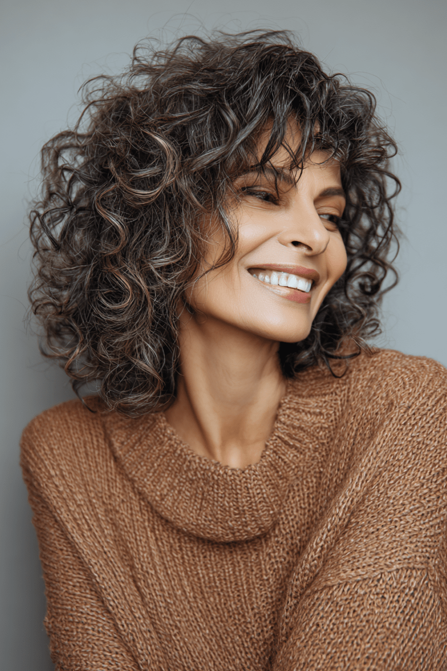 Collarbone Layered Curls With Grey Highlights — Curly Hairstyles