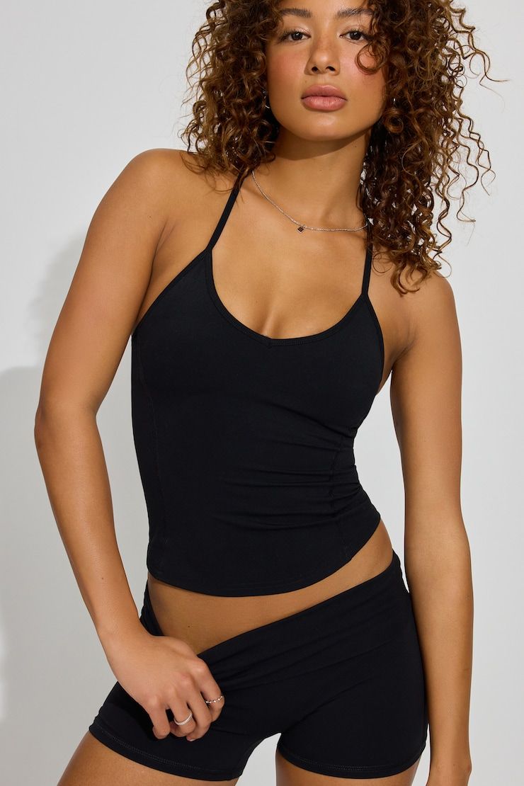 Edgy Summer Style: Black Halter Neck Tank with Shorts — Tank Tops