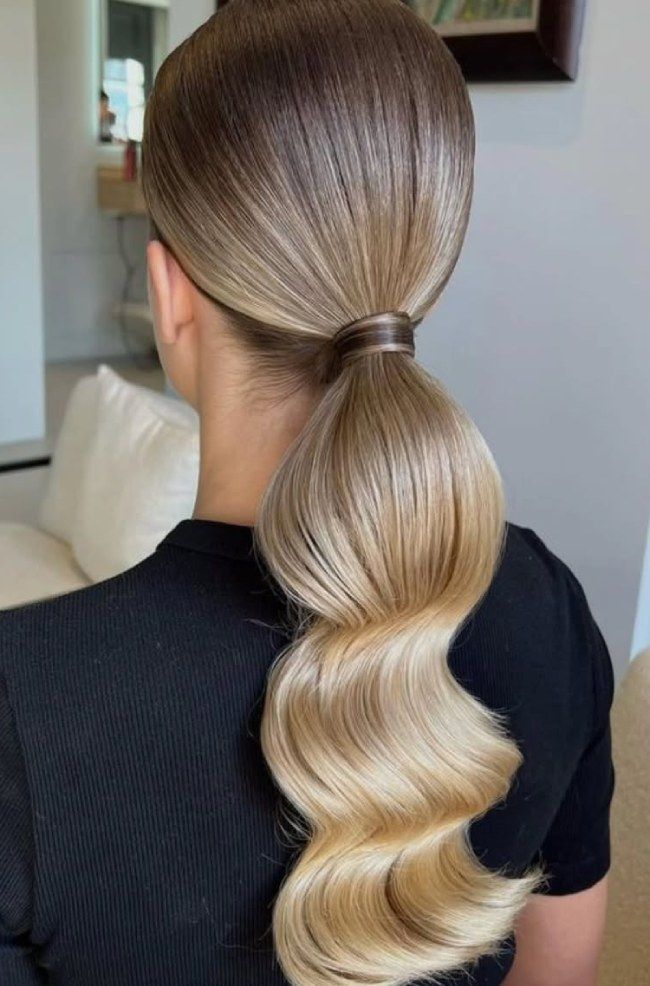 Dark Blonde Ponytail With Sculpted Waves — Sleek Low Ponytail
