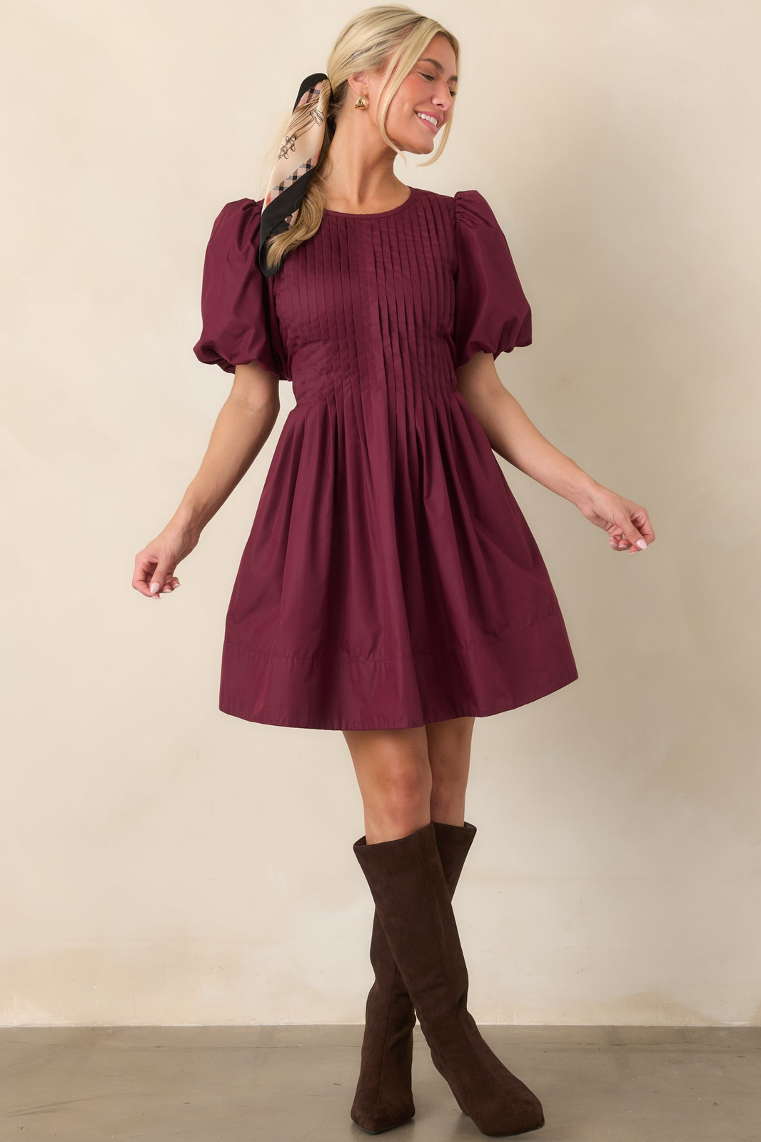 Burgundy Short Sleeve Babydoll Dress with Pleated Bodice — Babydoll Dresses