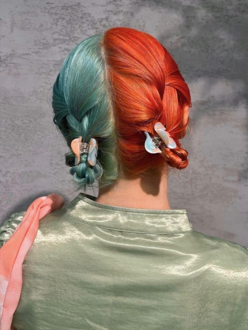 Braided Buns With Teal and Orange Split — Two Tone Hair