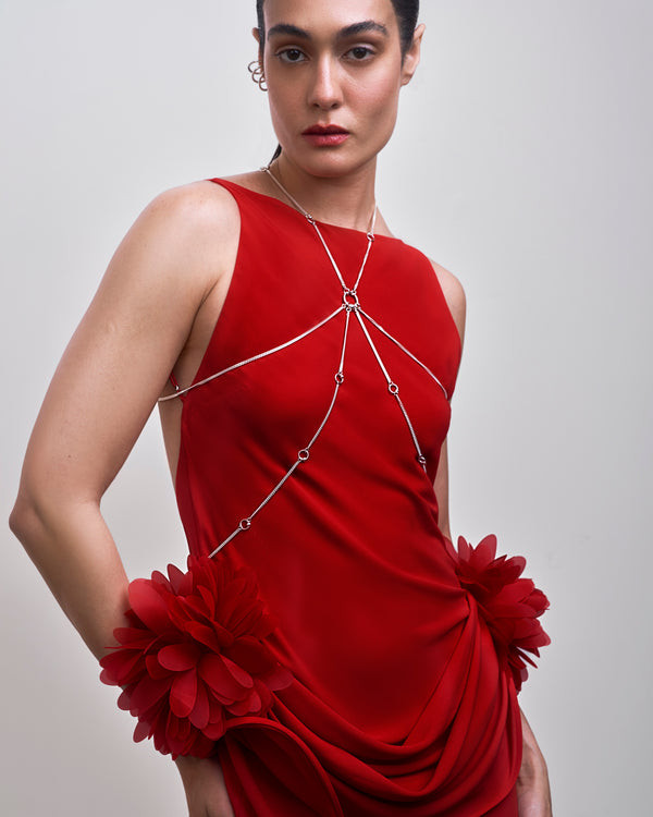 Minimalist Silver Body Harness with Red Dress Minimalist Silver Body Harness with Red Dress — Body Chain Outfits