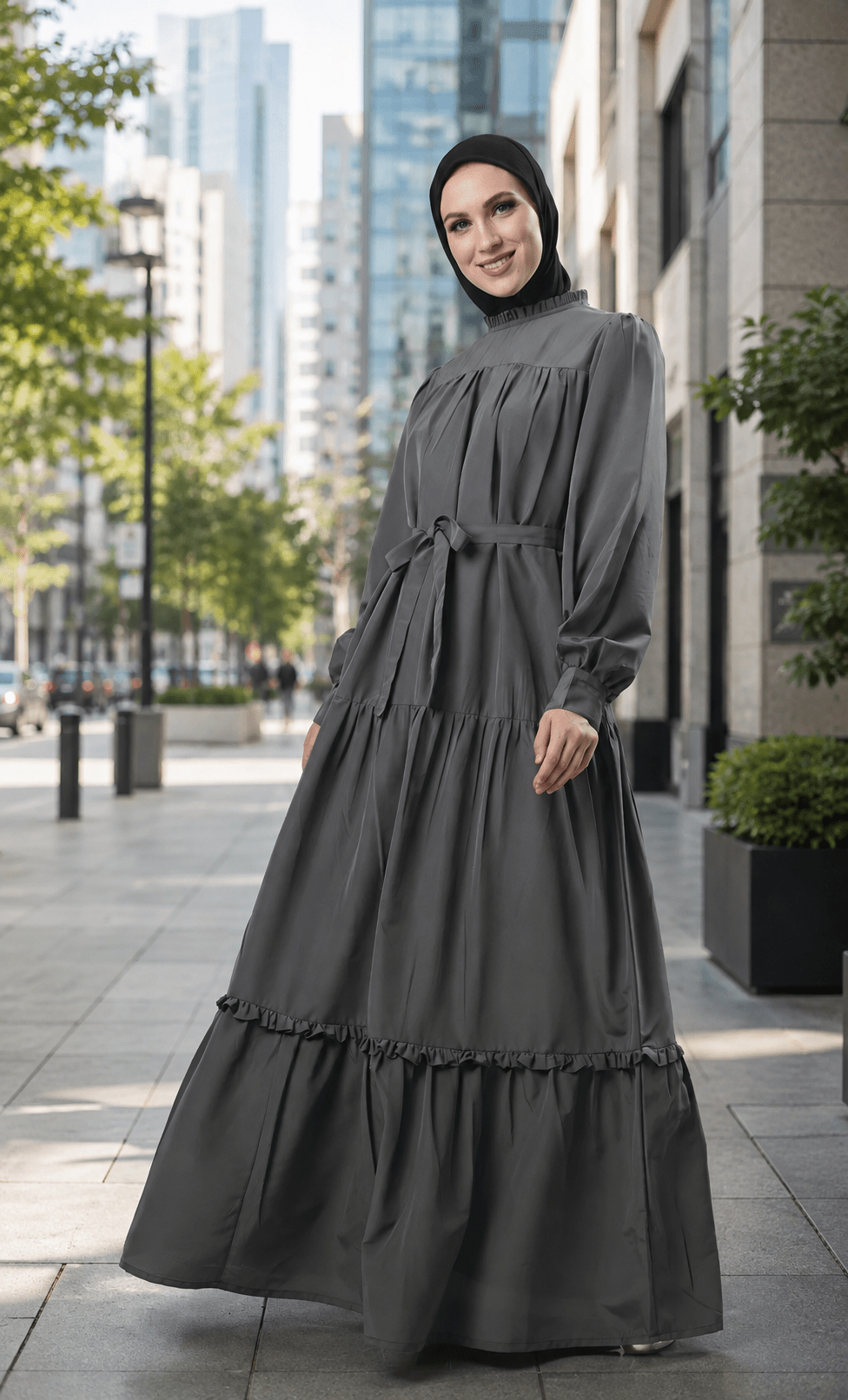Grey Tiered Abaya with Ruffled Hem for Casual Elegance Grey Tiered Abaya with Ruffled Hem for Casual Elegance — Casual Hijab Outfits