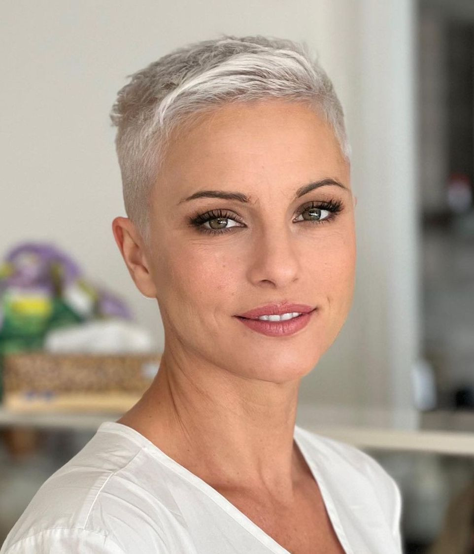 Textured Gray Pixie With Short Bangs Textured Gray Pixie With Short Bangs — Short Gray Haircuts