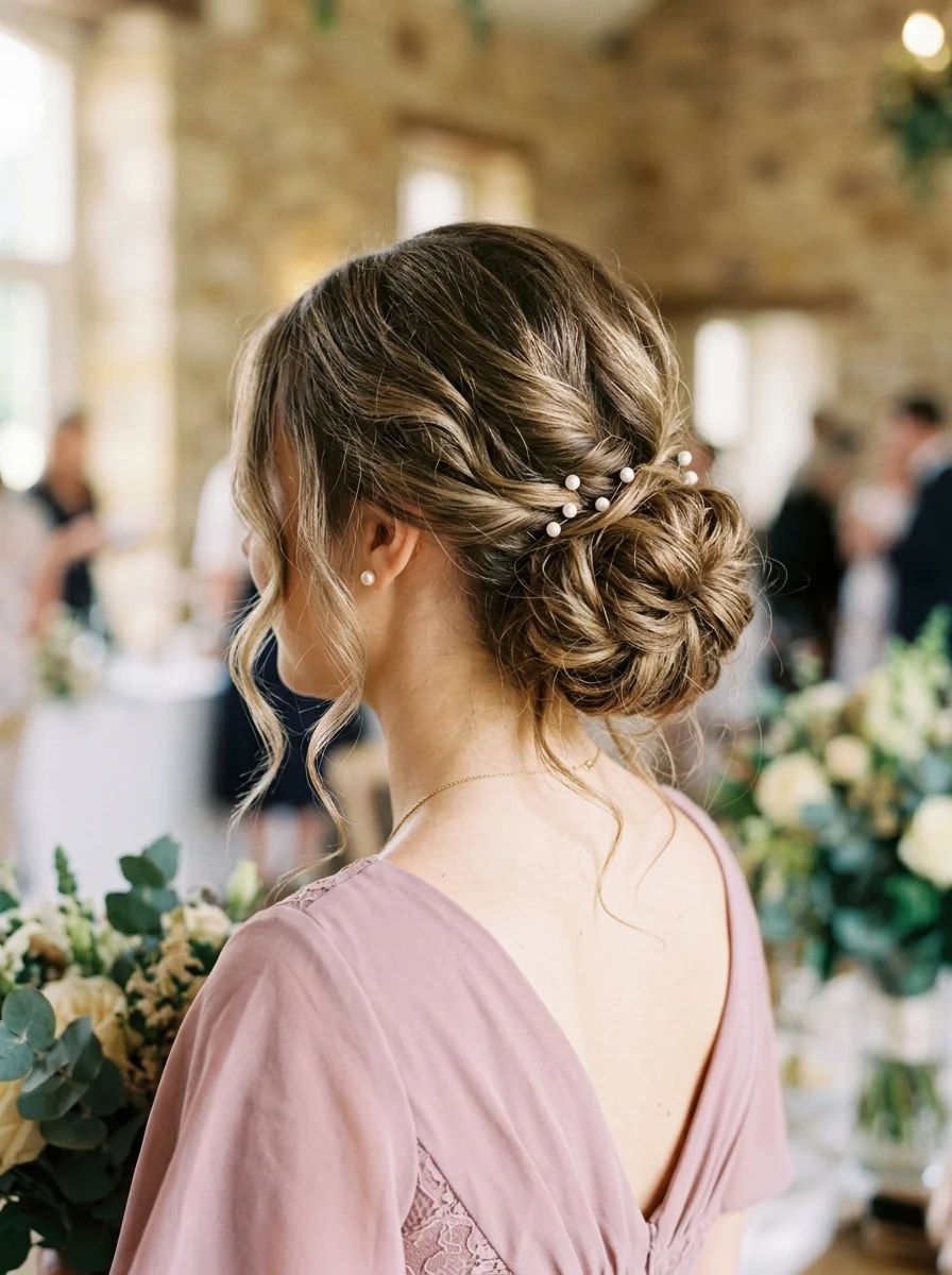 Low Textured Bun Pearl Pins Low Textured Bun Pearl Pins — Bridesmaid Hairstyles
