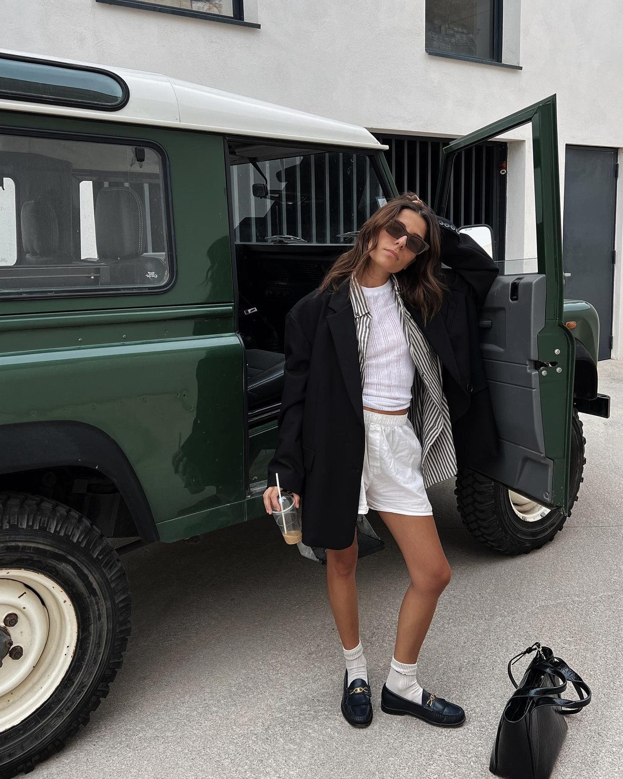 Streetwear Edge: White Socks with Black Loafers, Shorts, and Oversized Blazer Streetwear Edge: White Socks with Black Loafers, Shorts, and Oversized Blazer — Socks with Loafers Outfits