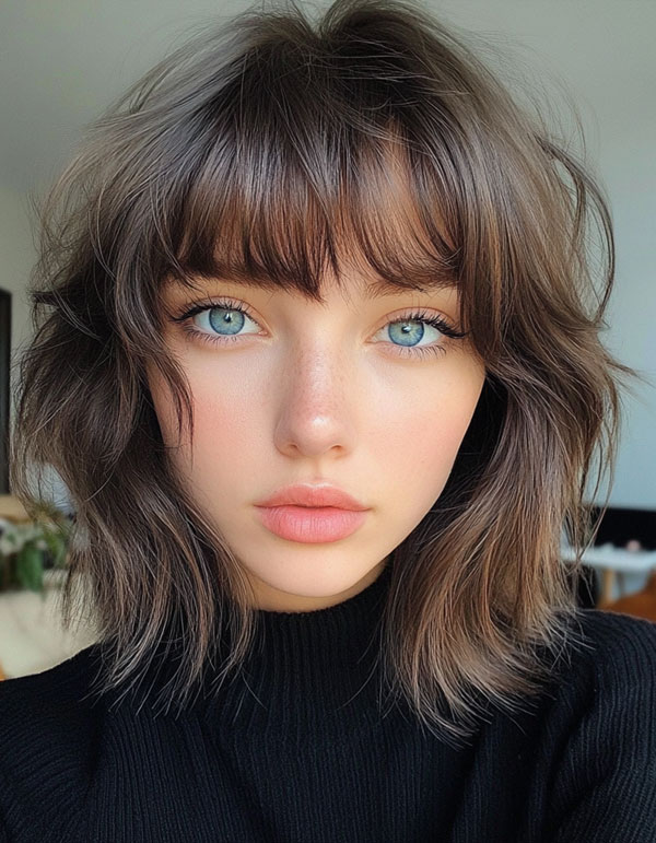 Chin Length Shag With Wispy Bangs Chin Length Shag With Wispy Bangs — Bangs for Thin Hair