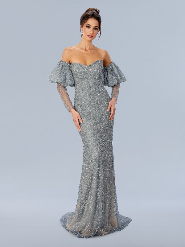 Silver Beaded Off-the-Shoulder Gown with Puff Sleeves Silver Beaded Off-the-Shoulder Gown with Puff Sleeves — Mother of the Bride Dresses