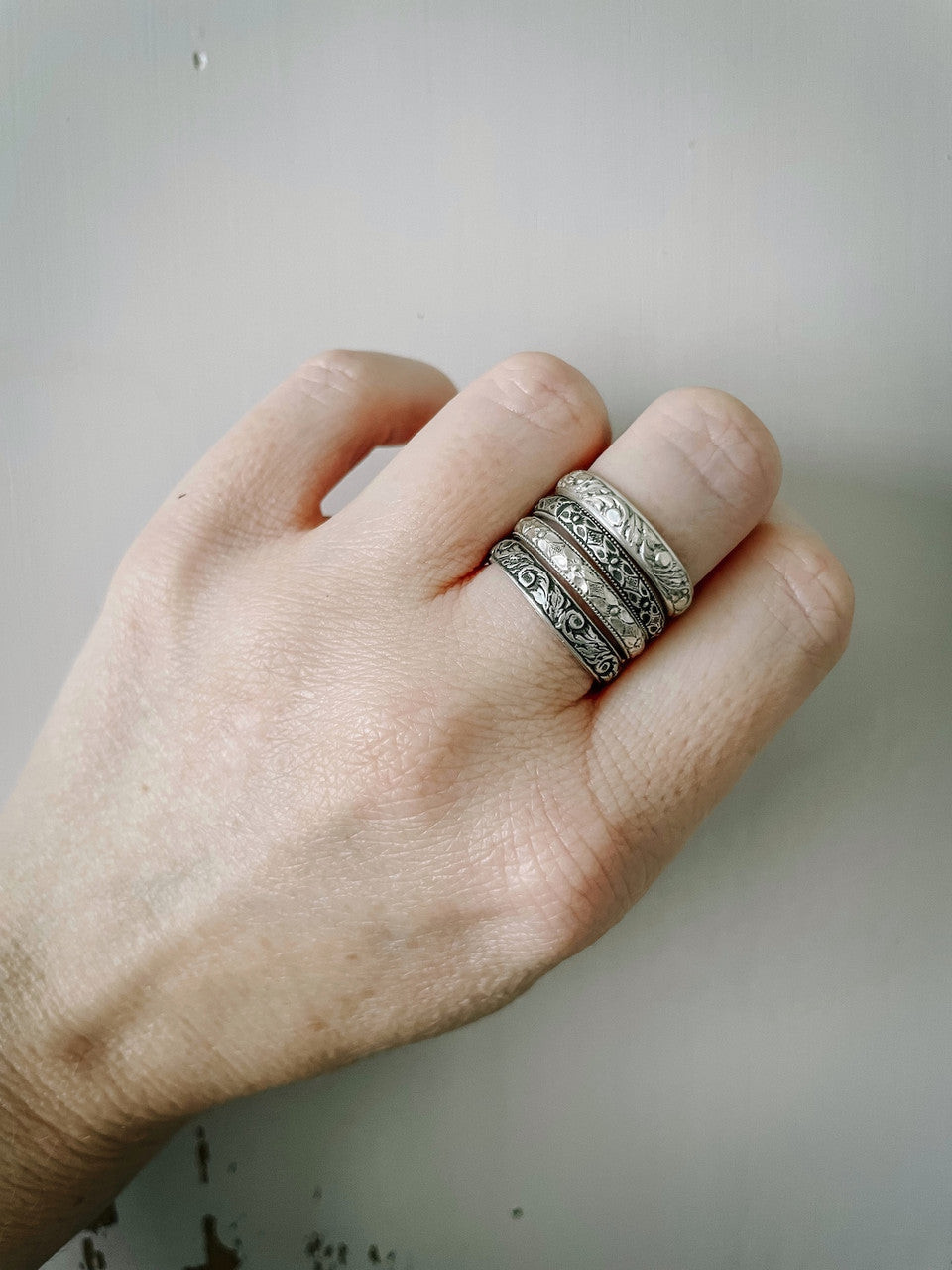 Intricately Patterned Silver Ring Stack
