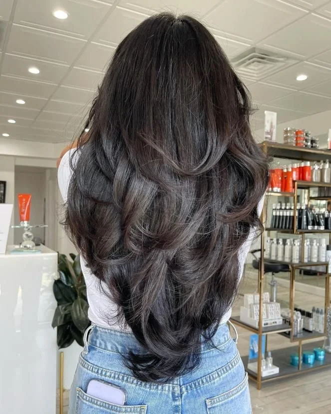 Layered Dark Brown Back View — Long Layered Hair