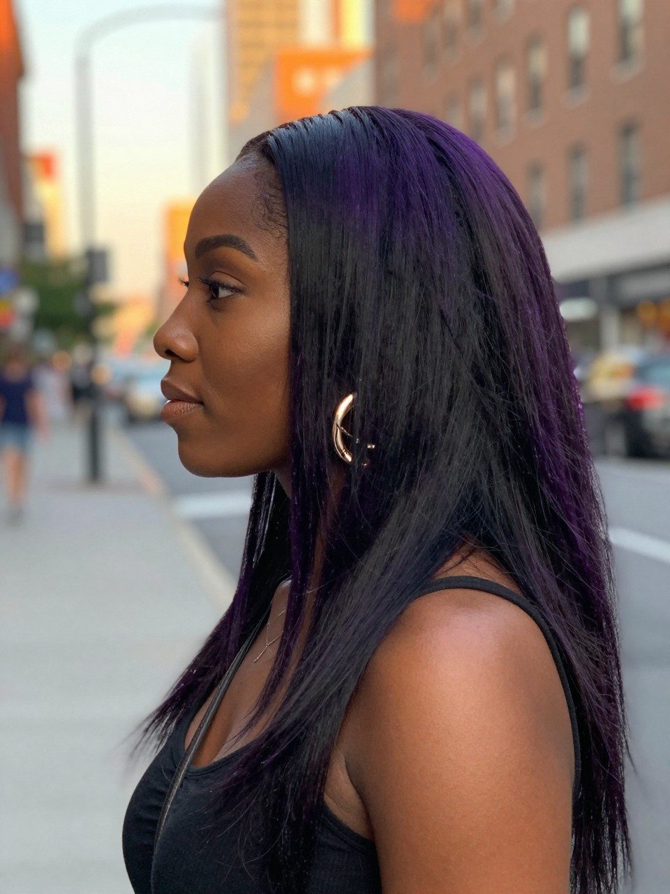 Vibrant Purple Highlights on a Layered Black Lob Vibrant Purple Highlights on a Layered Black Lob — Purple Highlights on Black Hair