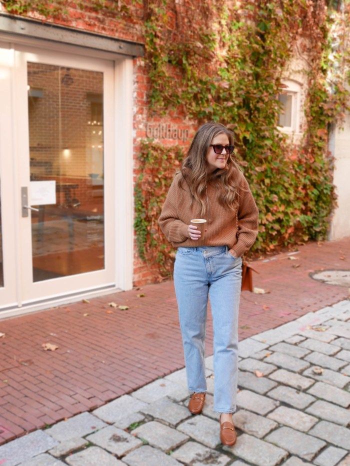 Knit Zip-Up Sweater and Straight-Leg Jeans with Brown Penny Loafers — Penny Loafers Outfits