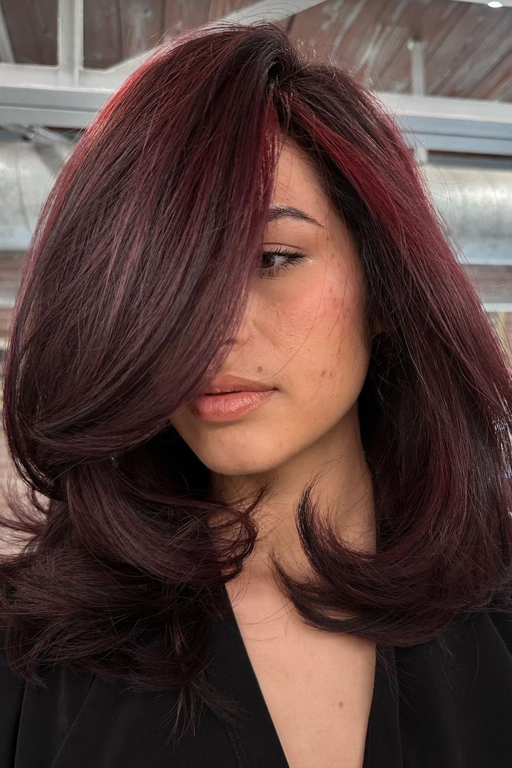 Deep Burgundy Blowout With Volume — Hair Color for Latinas