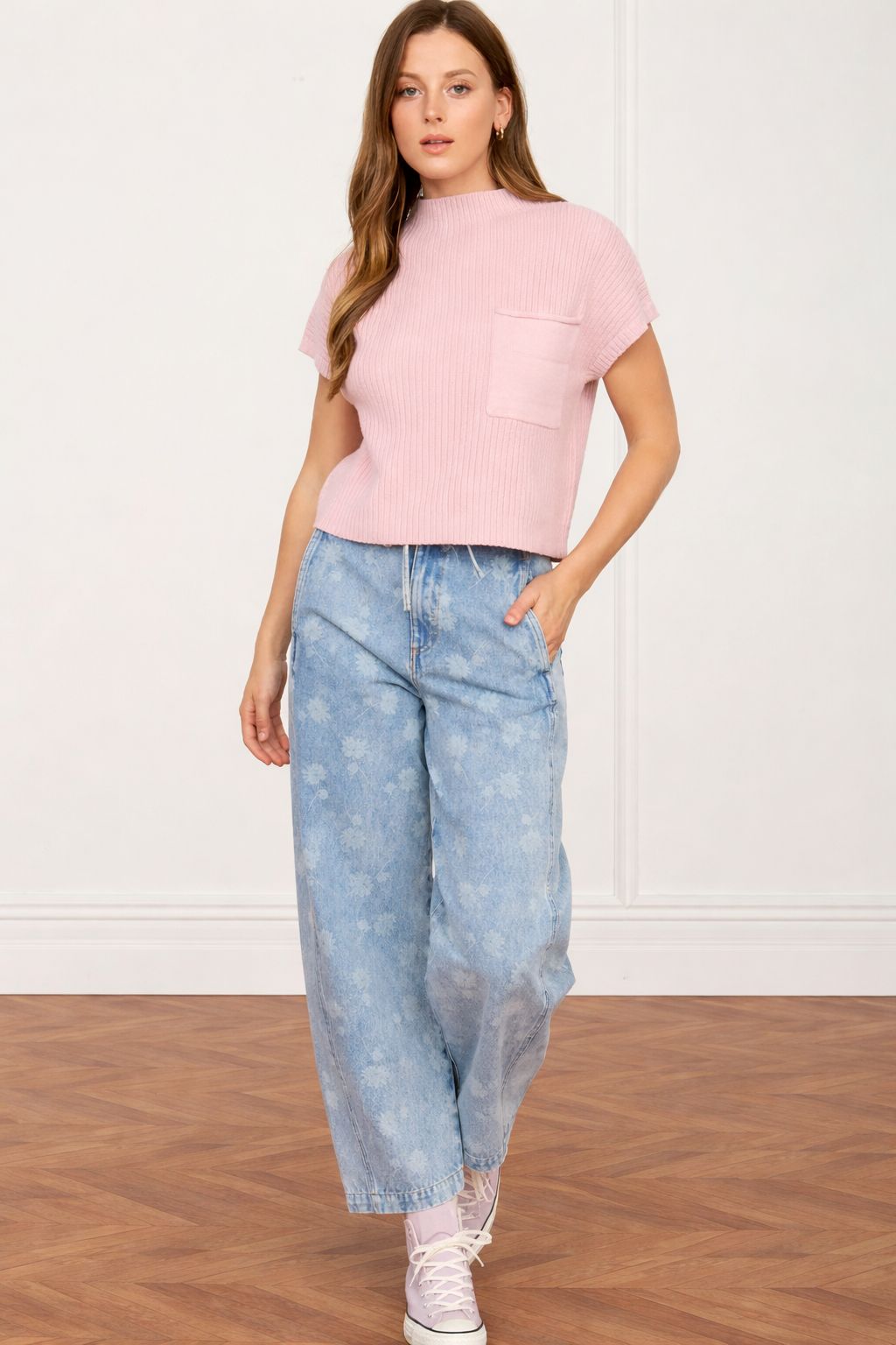 Floral Fun: Wide Leg Jeans with a Pink Sweater — Light Wash Jeans Outfits