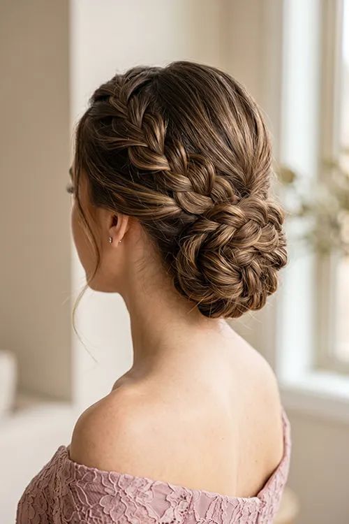 Mid-Back Dark Brown Straight Braided Bun — Braided Low Bun