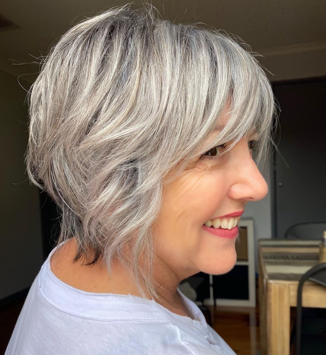 Textured Shag With Side-Swept Bangs — Gray Hair with Bangs