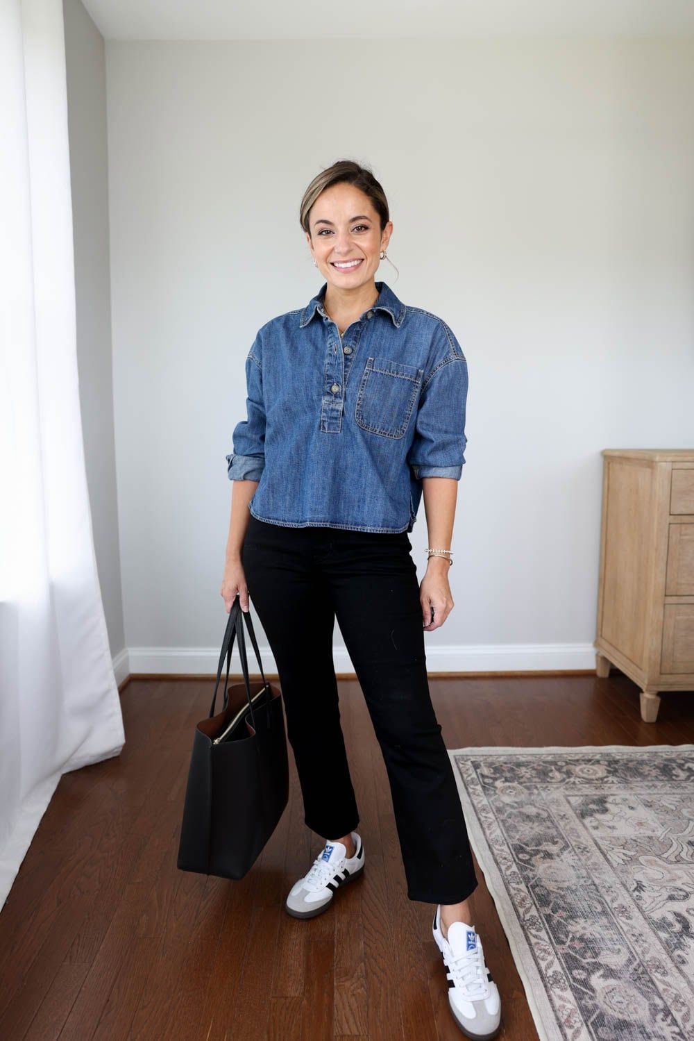 Cropped Denim Shirt with Black Cropped Trousers Cropped Denim Shirt with Black Cropped Trousers — Elementary Teacher Outfits
