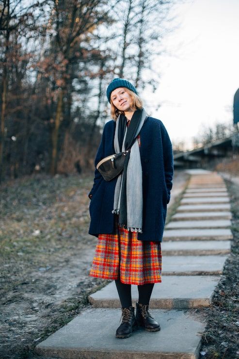 Plaid Dress with Navy Coat and Beanie for Cold Weather — Scotland Outfits