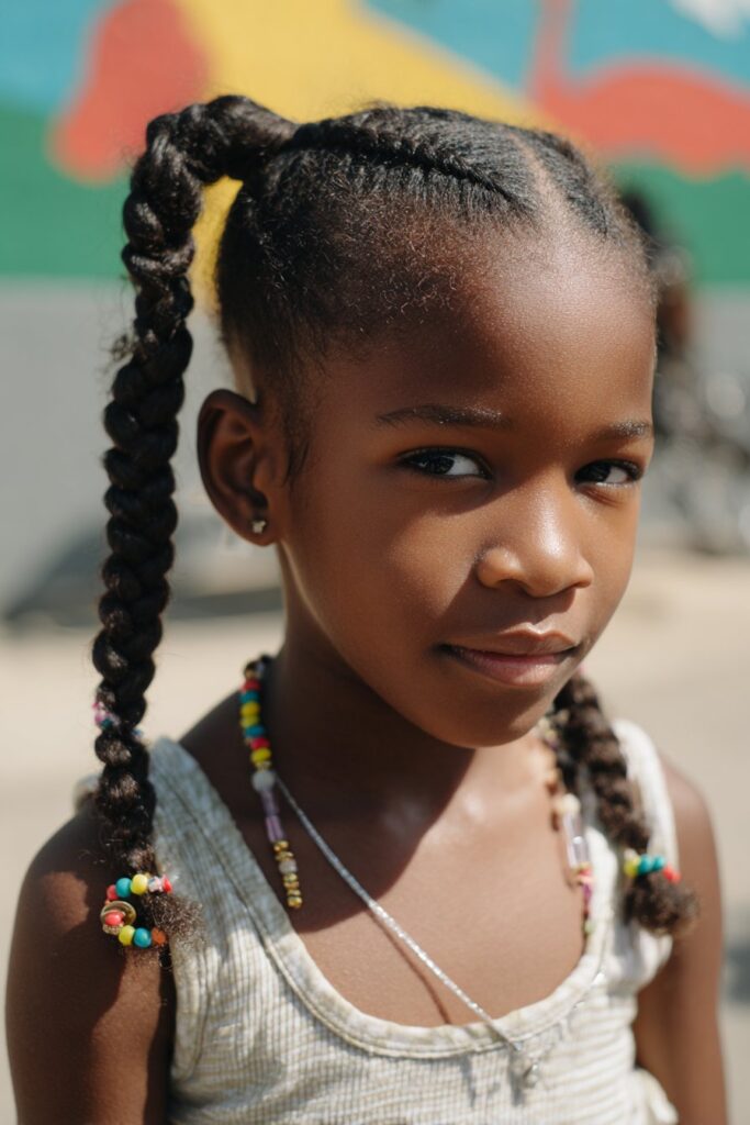 Coily Black Braided Pigtails with Colorful Beads — Kids Braids