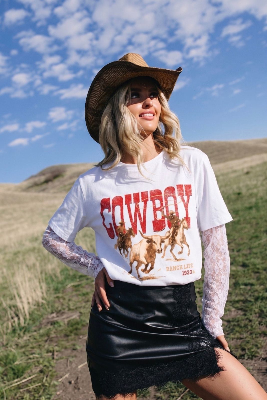 Graphic T-Shirt Layered Over Lace Top with Mini Skirt — Ranch Outfits