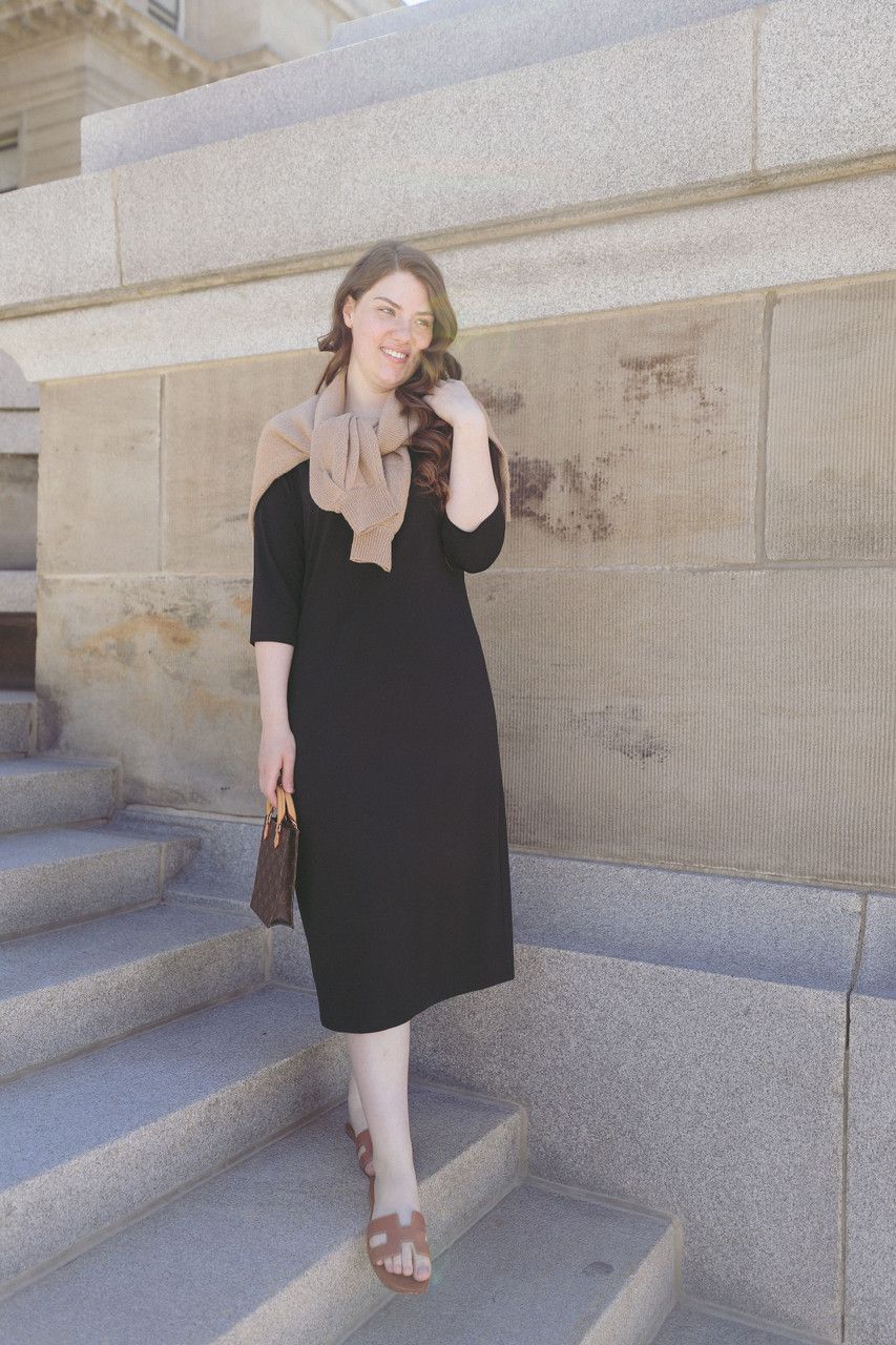 Black Midi Dress Layered with a Draped Sweater — Nursing Friendly Dresses