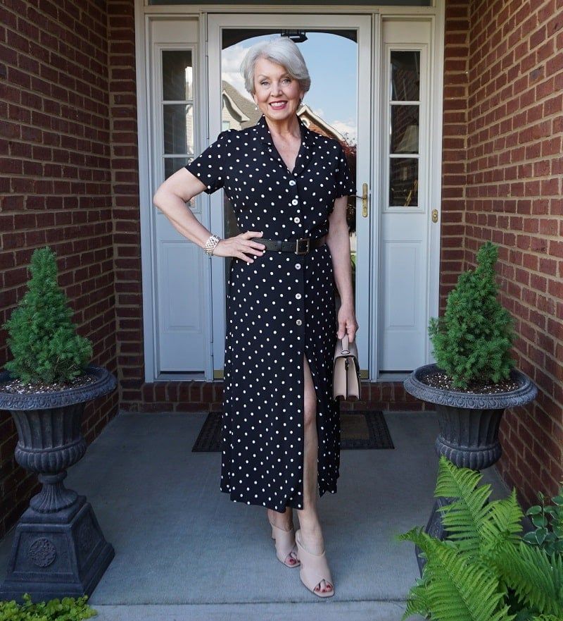 Polka Dot Midi Dress with Button-Front Detail Polka Dot Midi Dress with Button-Front Detail — Dresses for Women Over 60