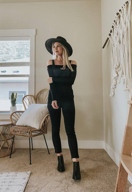 Monochromatic Black Overalls with Off-the-Shoulder Top and Hat Monochromatic Black Overalls with Off-the-Shoulder Top and Hat