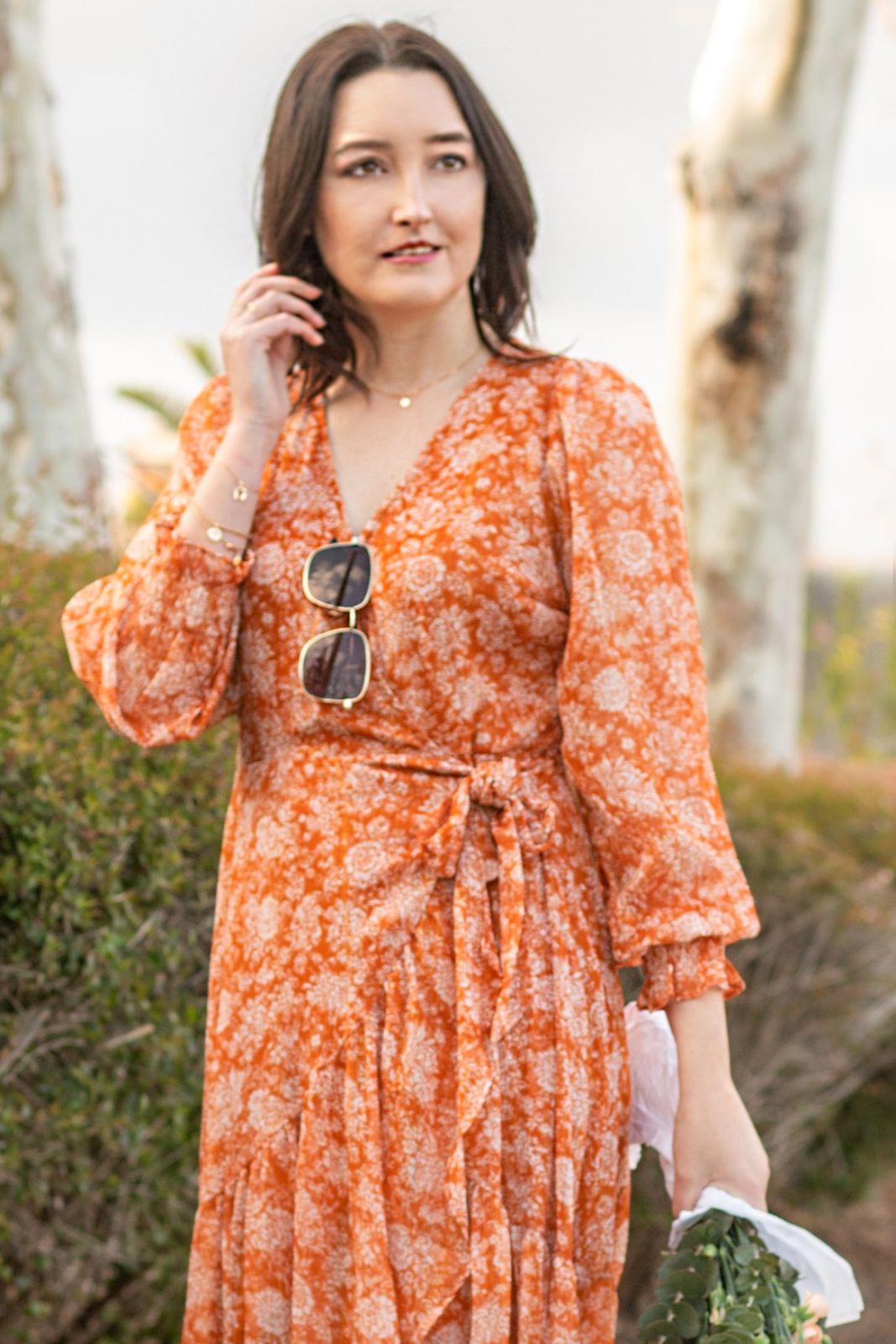 Orange Floral Maxi Wrap Dress for Daytime Casual — Wrap Dress Outfits