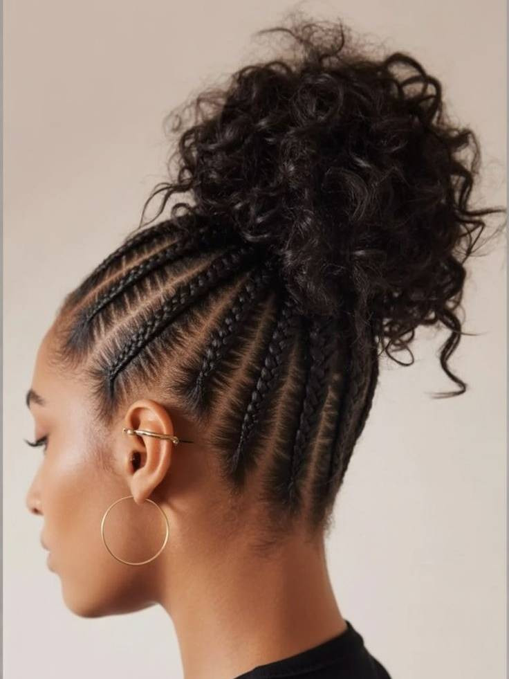 Neat Cornrows with Curly Tendrils and Bun Neat Cornrows with Curly Tendrils and Bun — Cornrow Bun