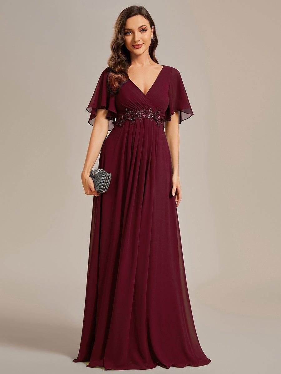 Burgundy Chiffon Dress with Embellished Empire Waist — Chiffon Dresses