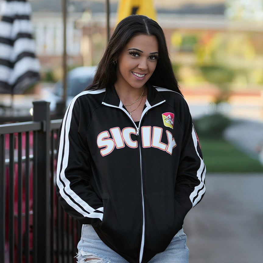 Black Track Jacket with 'Sicily' Graphic — Track Jacket Outfits