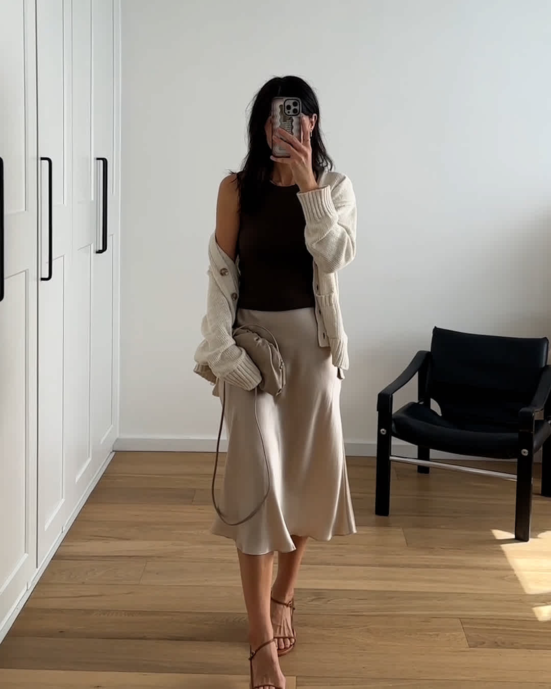 Beige Satin Midi Skirt with Knit Cardigan for Casual Daytime Beige Satin Midi Skirt with Knit Cardigan for Casual Daytime — Satin Skirts