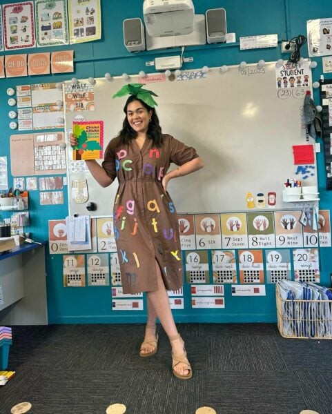 Alphabet Print Dress for a Themed Kindergarten Day — Kindergarten Teacher Outfits